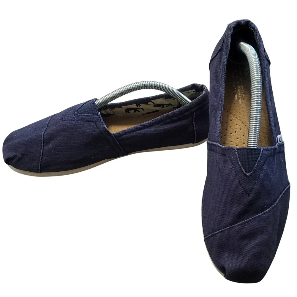 TOMS Womens Alpargata Navy Blue Canvas Slip On Loafers Shoes Size 9 Animal Print